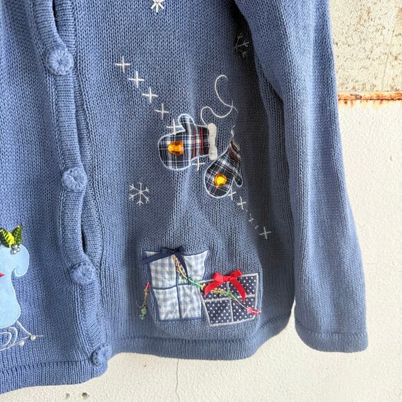 Christmas Sweater Cardigan Snowman Sleigh Presents Embroidered Womens XL Holiday - Picture 2 of 8